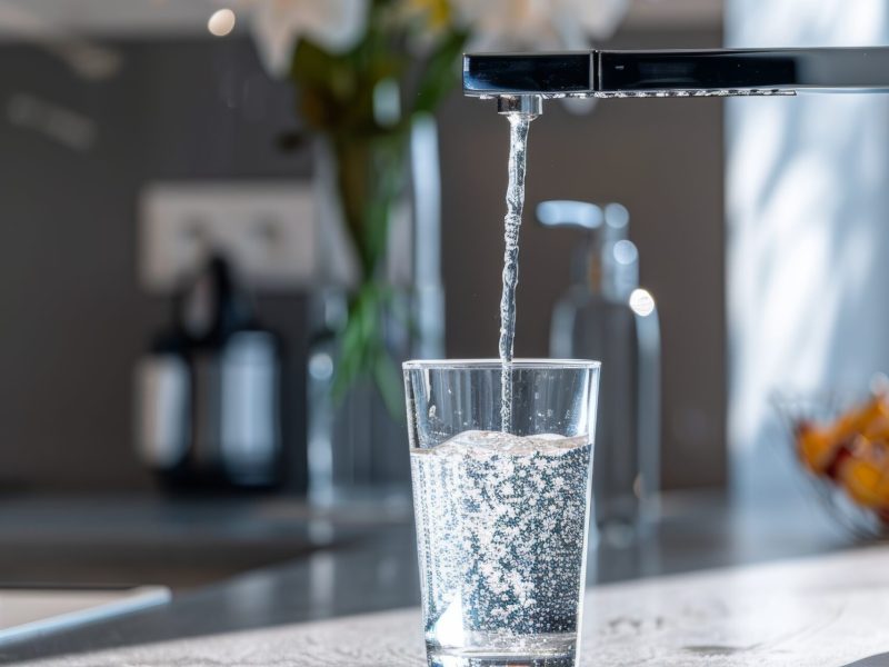 A sleek countertop water filter system with water flowing into a glass, its modern design and the clarity of filtered water in a brightly lit, minimalist kitchen setting.