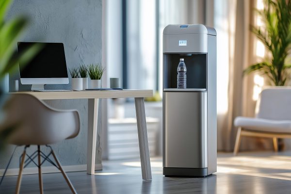 A sleek floor-standing water cooler in a clean office setting, enhancing comfort